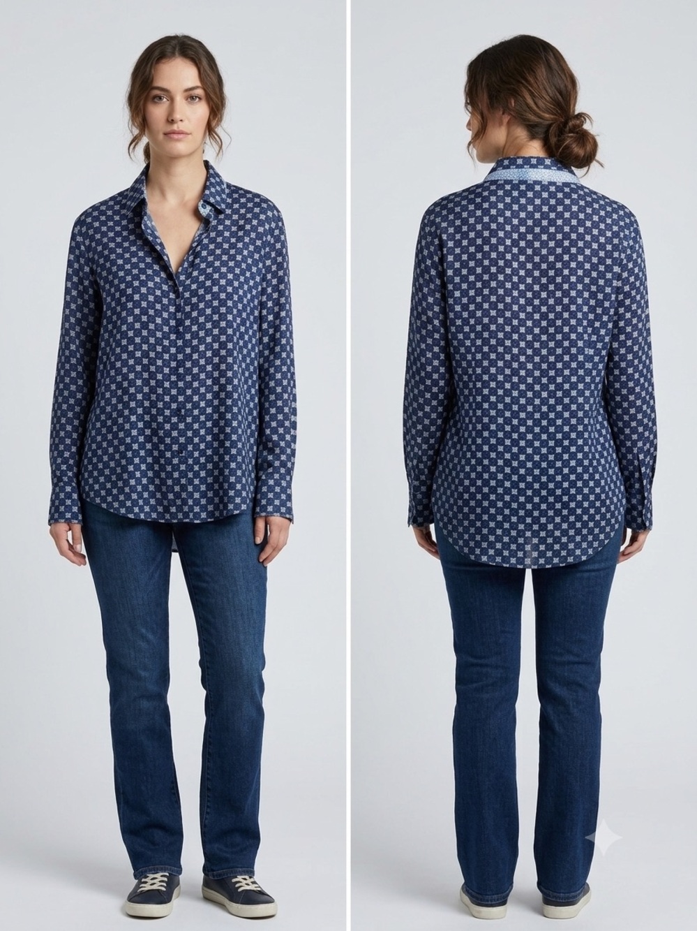Women's Navy Geometric Long-Sleeve  Silk Button-Down Shirt